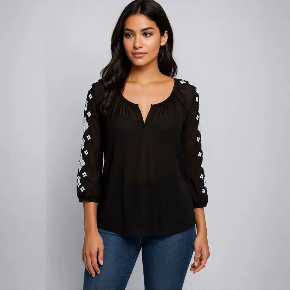 Old Navy Solid Black Dressy Blouse with White Embroidery V Neck Sheer size M